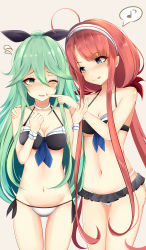Rule 34 | 10s, 2girls, :p, ;o, absurdres, adapted costume, ahoge, alternate costume, bad id, bad pixiv id, bikini, black bikini, bow, breasts, cain (inosennto007), cheek poking, choker, cleavage, collarbone, flying sweatdrops, green eyes, green hair, grey eyes, hair bow, hair ornament, hair ribbon, hairclip, highres, kantai collection, kawakaze (kancolle), long hair, looking at viewer, low twintails, mismatched bikini, multiple girls, musical note, navel, one eye closed, poking, quaver, red hair, revision, ribbon, side-tie bikini bottom, simple background, smile, speech bubble, spoken musical note, swimsuit, tongue, tongue out, twintails, white bikini, yamakaze (kancolle), yuri
