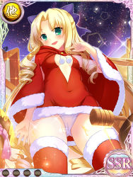 Rule 34 | 1girl, arm up, artist request, blonde hair, bow, breasts, cape, card (medium), christmas, cleavage cutout, clothing cutout, covered navel, curly hair, dress, enjutsu, food on body, food on hand, food on legs, from below, green eyes, hair bow, honey, honeypot, koihime musou, long hair, looking down, night, night sky, non-web source, official art, open mouth, outdoors, panties, pot, red cape, red dress, red thighhighs, ribbon, santa costume, short dress, sky, sleeveless, sleeveless dress, small breasts, smile, solo, star (sky), thighhighs, underwear, upskirt, very long hair, white panties