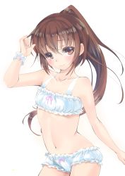 Rule 34 | 10s, 1girl, bare shoulders, bra, brown eyes, brown hair, collarbone, cowboy shot, frilled bra, frilled panties, frills, fumizuki (kancolle), glowing, high ponytail, kantai collection, looking at viewer, navel, negativeundead, panties, smile, solo, transparent background, underwear, underwear only, wrist cuffs