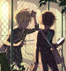 Rule 34 | 2boys, bag, black hair, blonde hair, cellphone, chain-link fence, closed mouth, closed umbrella, fence, gakuran, green eyes, hair between eyes, holding, holding phone, long sleeves, looking at another, male focus, multiple boys, original, outdoors, pants, phone, pillow (nutsfool), red eyes, school uniform, smartphone, umbrella
