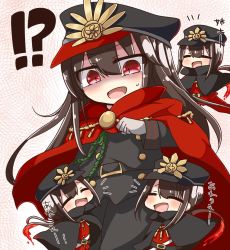 Rule 34 | !?, 1girl, 3boys, belt, black hair, blush, brother and sister, cape, chibi, closed eyes, crest, family crest, fate/grand order, fate (series), hat, highres, hug, jako (jakoo21), long hair, looking at another, multiple boys, multiple girls, oda nobukatsu (fate), oda nobunaga (fate), oda nobunaga (koha-ace), open mouth, peaked cap, red cape, red eyes, siblings, smile, text focus, translation request
