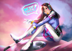 Rule 34 | 1girl, acronym, animal print, armor, bodysuit, boots, bracer, breasts, brown eyes, brown hair, catchphrase, clothes writing, cloud, cloudy sky, d.va (overwatch), doritos, eyelashes, facepaint, facial mark, gloves, head tilt, headphones, knees up, long hair, long sleeves, mecha, medium breasts, meka (overwatch), mouth hold, overwatch, overwatch 1, pauldrons, pilot suit, rabbit print, ribbed bodysuit, robot, shoulder armor, shoulder pads, signature, sijumon, sitting, skin tight, sky, solo, thigh boots, thighhighs, turtleneck, v, whisker markings, white footwear, white gloves