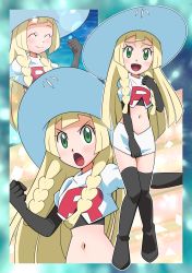 Rule 34 | 1girl, black footwear, black gloves, blonde hair, blunt bangs, boots, braid, clenched hand, closed eyes, closed mouth, commentary request, cosplay, creatures (company), cropped jacket, elbow gloves, eyelashes, game freak, gloves, green eyes, hainchu, hat, highres, jacket, jessie (pokemon), jessie (pokemon) (cosplay), lens flare, lillie (pokemon), logo, long hair, multiple views, navel, nintendo, outline, pokemon, pokemon (anime), pokemon sm (anime), skirt, smile, sun hat, team rocket, team rocket uniform, thigh boots, thighhighs, twin braids, white jacket, white skirt