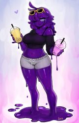 Rule 34 | 1girl, absurdres, ahoge, breasts, bright pupils, bubble tea, closed mouth, colored skin, grey shorts, heart, highres, holding, incoming food, large breasts, looking at viewer, matilda fiship, midriff, monster girl, navel, one eye closed, original, pink background, purple eyes, purple skin, short shorts, shorts, slime girl, smile, solo, standing, sunglasses, sweat, white pupils, yellow-framed eyewear