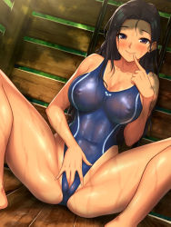 Rule 34 | 1girl, barefoot, black hair, blush, breasts, cleft of venus, closed mouth, collarbone, commentary, competition swimsuit, covered erect nipples, covered navel, english commentary, finger to mouth, highres, index finger raised, large breasts, long hair, looking at viewer, nestkeeper, one-piece swimsuit, original, purple eyes, sitting, smile, solo, spread legs, swimsuit, wet, wet hair