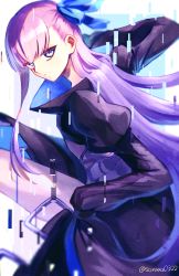 Rule 34 | 1girl, blue background, blue eyes, blue ribbon, fate/grand order, fate (series), glitch, hair ribbon, long hair, long sleeves, looking at viewer, meltryllis (fate), purple hair, ribbon, sleeves past fingers, sleeves past wrists, solo, soraao0322, twitter username, two-tone background, very long hair, white background