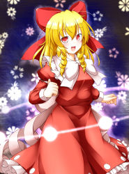 Rule 34 | 1girl, :d, aka tawashi, ayana (touhou), blonde hair, blurry, blush, bow, depth of field, dress, drill hair, floral background, hair bow, highres, long sleeves, looking at viewer, open mouth, puffy long sleeves, puffy sleeves, red bow, red dress, red eyes, ribbon, smile, solo, touhou, touhou (pc-98), white bow, white ribbon