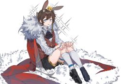 Rule 34 | animal ear fluff, animal ears, arknights, black footwear, black shorts, blue eyes, brown hair, brown vest, cape, crown, fur-trimmed cape, fur trim, highres, kneehighs, knees up, loafers, long hair, long sleeves, looking at viewer, mini crown, molu stranger, parted lips, ponytail, rabbit ears, red cape, shirt, shoes, short shorts, shorts, sitting, smile, socks, solo, sparkle background, striped clothes, striped vest, vertical-striped clothes, vertical-striped vest, vest, white background, white shirt, white socks