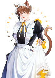 Rule 34 | 1boy, absurdres, ahoge, animal ear fluff, animal ears, apron, artist name, black dress, black ribbon, brown eyes, brown hair, cat boy, cat ears, cat tail, closed mouth, collared dress, commentary, commentary request, crossdressing, dentart, dress, english commentary, expressionless, eyelashes, facial mark, frilled apron, frills, hair between eyes, hair ribbon, hand up, highres, juliet sleeves, kate tran, long sleeves, looking at viewer, maid, maid apron, maid headdress, male focus, male maid, mixed-language commentary, neck ribbon, puffy sleeves, raineemeow, ribbon, short hair, simple background, solo, tail, thai commentary, whisker markings, white apron, white background, white ribbon, wing collar