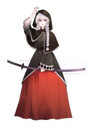 argyle_clothes black_capelet black_dress blunt_bangs braid capelet dress evillious_nendaiki highres holding holding_sword holding_weapon hood hooded_capelet irina_clockworker katana looking_to_the_side pale_skin parted_lips petticoat red_eyes red_skirt sideways_glance skirt sword tomari_drew twin_braids twitter_username venom_sword venomania_kou_no_kyouki_(vocaloid) vessel_of_sin vocaloid weapon white_hair