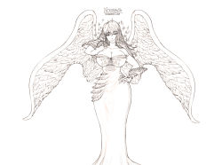 Rule 34 | 10s, 1girl, angel wings, bare shoulders, breasts, character name, cleavage, closed mouth, commentary, detached sleeves, dress, greyscale, hand on own hip, highres, hip focus, large breasts, long dress, long hair, looking at viewer, monochrome, nanatsu no taizai, nerobasta, simple background, smile, solo, sparkle, standing, the golden smurf, white background, wings
