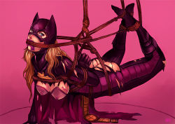 Rule 34 | 1girl, arms behind back, ass, batgirl, batman (series), bdsm, body writing, bondage, bound, breasts, breasts out, dc comics, gag, gagged, gradient background, hanging breasts, kachima, shibari, solo, stephanie brown, suspension, tears, torn clothes