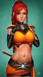 Rule 34 | 1girl, aqua background, armor, artist name, belt, braid, breasts, cassie (paladins), commentary, crop top, dated, deviantart username, elbow gloves, english commentary, freckles, gloves, gradient background, green eyes, hands up, highres, italian commentary, large breasts, lips, long hair, looking at viewer, makeup, midriff, mixed-language commentary, navel, nose, nostrils, orange shirt, paid reward available, paladins, patreon username, red hair, sciamano240, shirt, shoulder armor, sidelocks, signature, simple background, smile, solo, stomach, taut clothes, taut shirt, watermark, weapon, web address