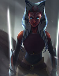Rule 34 | 1girl, aged up, ahsoka tano, alien, arm guards, armor, bare shoulders, belt, blue eyes, bridal gauntlets, charles tan, colored skin, dual wielding, energy sword, facial mark, forehead mark, gradient background, holding, jedi, lightsaber, lips, lipstick, makeup, orange skin, parted lips, realistic, reverse grip, science fiction, serious, signature, solo, spoilers, star wars, star wars: rebels, star wars: the clone wars, sword, tentacle hair, togruta, weapon, white lightsaber