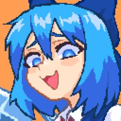 Rule 34 | 1girl, blue bow, blue eyes, blue hair, bow, cirno, hair bow, hcnone, highres, open mouth, orange background, pixel art, short hair, simple background, smile, smug, solo, touhou