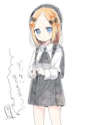 Rule 34 | 1girl, abigail williams (fate), alternate costume, alternate hair length, alternate hairstyle, backpack, bag, black bow, black hat, blonde hair, blue eyes, blush, bow, collared shirt, commentary request, fate/grand order, fate (series), forehead, grey skirt, hair bow, hat, head tilt, highres, long sleeves, looking at viewer, orange bow, own hands together, parted lips, shirt, signature, simple background, skirt, sofra, solo, suspender skirt, suspenders, translation request, white background, white shirt