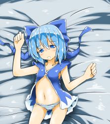 Rule 34 | blue eyes, blue hair, blue panties, bow, cirno, hair between eyes, hair bow, keishiki (leftwin), panties, solo, striped clothes, striped panties, touhou, underwear
