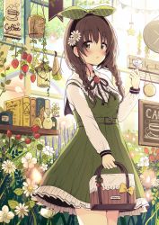 Rule 34 | 1girl, animal, bag, black hairband, blush, braid, brown eyes, brown hair, bug, butterfly, butterfly on hand, clock, commentary request, dress, flower, food, fruit, green dress, green ribbon, hair between eyes, hair flower, hair ornament, hair ribbon, hairband, hand up, highres, holding, holding bag, insect, long hair, long sleeves, looking at viewer, low twintails, original, parted lips, purple flower, red flower, ribbon, sakura oriko, shirt, sleeveless, sleeveless dress, solo, standing, strawberry, twin braids, twintails, wall clock, white flower, white shirt