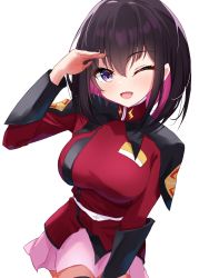 Rule 34 | 1girl, azki (hololive), black hair, bob cut, breasts, colored inner hair, commentary request, cosplay, gundam, gundam seed, highres, hololive, jacket, large breasts, light blush, looking at viewer, military, military uniform, multicolored hair, one eye closed, open mouth, pink hair, pink skirt, purple eyes, red jacket, salute, shinka (yonkun121), short hair, simple background, skirt, solo, two-tone hair, uniform, virtual youtuber, white background