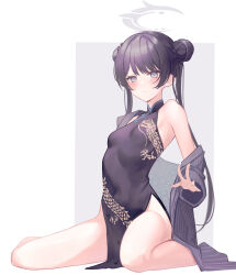 Rule 34 | 1girl, absurdres, bare shoulders, black dress, blue archive, breasts, china dress, chinese clothes, closed mouth, commentary, covered navel, double bun, dragon print, dress, grey eyes, grey jacket, hair bun, halo, highres, jacket, kisaki (blue archive), long hair, looking at viewer, oni0417, pelvic curtain, print dress, sitting, sleeveless, sleeveless dress, small breasts, solo, striped clothes, striped jacket, thighs, twintails, vertical-striped clothes, vertical-striped jacket
