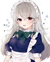 Rule 34 | 1girl, alternate hair length, alternate hairstyle, blue dress, blush, bow, bowtie, braid, breasts, commentary request, cropped torso, dress, frills, green bow, green bowtie, hair between eyes, hair bow, hair ribbon, heart, highres, izayoi sakuya, large breasts, long hair, looking at viewer, maid headdress, necono (nyu6poko), open mouth, puffy short sleeves, puffy sleeves, red eyes, ribbon, short sleeves, side braids, silver hair, simple background, smile, solo, teeth, touhou, tress ribbon, twin braids, upper body, upper teeth only, white background, white headwear, wrist cuffs
