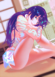 Rule 34 | 1girl, bakemonogatari, blue eyes, blue hair, breasts, closed mouth, collar, commentary request, feet out of frame, hair between eyes, head on knee, highres, holding own arm, leaning forward, legs, long sleeves, looking at viewer, looking to the side, medium breasts, monogatari (series), multicolored hair, newspaper, on floor, purple hair, rapa rachi, revision, senjougahara hitagi, shadow, shouji, sitting, skirt, sliding doors, solo, sweat, sweatdrop, tan sweater, tatami, thighs, white collar, white skirt