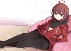 Rule 34 | 1girl, ahoge, bean bag chair, blush, brown hair, carpet, crossed legs, frown, hands in pockets, jacket, linne, looking at viewer, lying, off shoulder, on back, pantyhose, petenshi (dr. vermilion), red eyes, short hair, solo, thighband pantyhose, under night in-birth