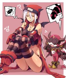 Rule 34 | 1girl, arai nobu, bad id, bad pixiv id, blush, breasts, bug, chloe fleurage, dog tags, fang, fingerless gloves, frode grim-reaper, gloves, hood, hoodie, large breasts, long hair, open mouth, original, paw print, red eyes, shiny skin, silver hair, sitting, striped clothes, striped thighhighs, sweat, tail, talking, thighhighs, wings