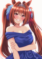 Rule 34 | animal ears, bare shoulders, blue dress, breasts, cleavage, clenched teeth, collarbone, commentary request, daiwa scarlet (umamusume), dars (recolors), dress, hair intakes, hair ribbon, horse ears, horse girl, long hair, looking at viewer, medium breasts, off-shoulder dress, off shoulder, red eyes, red hair, red ribbon, ribbon, simple background, smile, solo, teeth, tiara, twintails, umamusume, white background