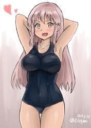 Rule 34 | 1girl, blush, breasts, highres, ka9r2, large breasts, one-piece swimsuit, open mouth, pink hair, smile, solo, swimsuit, u higami