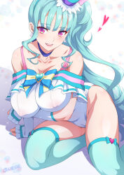 Rule 34 | 1girl, aqua hair, aqua hat, aqua thighhighs, arm under breasts, bare shoulders, blue choker, blunt bangs, blush, breast hold, breasts, brooch, cameltoe, choker, cleavage, cleft of venus, collarbone, covered erect nipples, cure lillian, earrings, hat, heart, heart brooch, highres, jewelry, joy ride, large breasts, leotard, long hair, looking at viewer, magical girl, mini hat, open mouth, pink eyes, precure, see-through, see-through leotard, side ponytail, sitting, smile, solo, thighhighs, white arm warmers, white leotard, wonderful precure!, yokozuwari