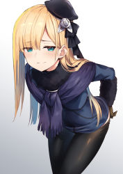 Rule 34 | 1girl, amagasa yun, bent over, black headwear, black pantyhose, black ribbon, blonde hair, blue eyes, blue hair, blue jacket, blush, brown gloves, capelet, closed mouth, clothes pull, fate (series), flower, fur-trimmed sleeves, fur collar, fur trim, gloves, gradient background, gradient hair, grey background, hair flower, hair ornament, hair ribbon, highres, jacket, long sleeves, lord el-melloi ii case files, multicolored hair, pantyhose, pantyhose pull, pulling own clothes, purple capelet, reines el-melloi archisorte, ribbon, rose, smile, smug, solo, tilted headwear, white flower, white rose