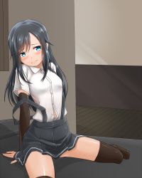 Rule 34 | 10s, 1girl, arm warmers, asashio (kancolle), bed, black hair, black thighhighs, blue eyes, blush, breasts, highres, kantai collection, kyou (tr-6), long hair, on bed, pleated skirt, school uniform, shirt, short sleeves, sitting, skirt, small breasts, solo, suspenders, suspenders slip, thighhighs, white shirt