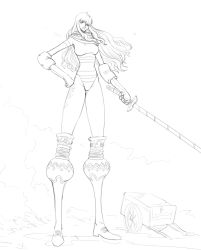 Rule 34 | 1girl, boots, charlotte smoothie, highres, legs, long legs, one piece, resident drawfriend, sword, weapon
