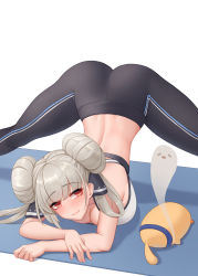 Rule 34 | 1girl, absurdres, arm rest, ass, azur lane, black pants, blush, breasts, cleavage, double bun, flexible, formidable (azur lane), grey hair, hair bun, hands on ground, highres, jack-o&#039; challenge, large breasts, long hair, looking at viewer, meme, pants, red eyes, smile, sports bra, spread legs, stretching, thighs, tight clothes, tight pants, top-down bottom-up, twintails, very long hair, wei xiao, white sports bra, wide spread legs, yoga pants