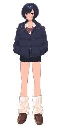 Rule 34 | 1girl, absurdres, alexkota1115, black hair, black skirt, blush, blush stickers, bow, bowtie, brown bow, brown bowtie, brown footwear, collarbone, commentary, down jacket, expressionless, full body, hands in pockets, highres, jacket, loafers, looking at viewer, loose socks, miniskirt, original, pleated skirt, ribbed socks, school uniform, shoes, short hair, simple background, sketch, skirt, socks, solo, standing, swept bangs, tachi-e, tomboy, white background, white socks