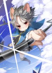 Rule 34 | 1girl, absurdres, animal ears, black thighhighs, blue sky, blush, boots, capelet, cloud, day, dowsing rod, flying, full body, greatmosu, grey hair, highres, light particles, long sleeves, looking at viewer, mouse ears, mouse tail, nazrin, outstretched arms, red eyes, shirt, short hair, skirt, skirt set, sky, smile, solo, tail, thighhighs, touhou, vest