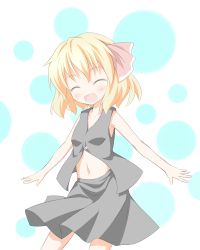 Rule 34 | 1girl, ^ ^, blonde hair, blush, closed eyes, open mouth, outstretched arms, ribbon, rumia, shino megumi, short hair, simple background, skirt, smile, spread arms, touhou, vest