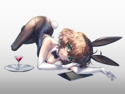 Rule 34 | 1girl, adashi makoto, alcohol, animal ears, bare shoulders, black leotard, black pantyhose, borrowed character, bow, bowtie, breasts, brown hair, cleavage, cocktail glass, cup, detached collar, drinking glass, elbow gloves, fake animal ears, fake tail, gloves, green eyes, grey background, highres, leotard, looking at viewer, lying, on side, open mouth, original, outstretched arm, pantyhose, playboy bunny, rabbit ears, rabbit tail, short hair, simple background, solo, strapless, strapless leotard, tail, thighs, tray, white gloves