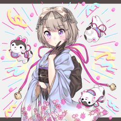 Rule 34 | 1girl, beige bow, bell, black bow, black gloves, blue kimono, blush, bow, brown hair, closed mouth, dog, floral print, gloves, grey background, hair bow, half gloves, hand on own cheek, hand on own face, japanese clothes, jingle bell, kimono, letterboxed, long sleeves, looking at viewer, obi, original, sash, short hair, simple background, solo, tareme, umeno (shio1205), upper body, wide sleeves