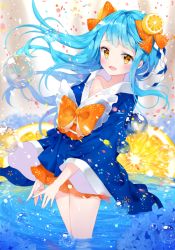 Rule 34 | 1girl, bad id, bad pixiv id, blue hair, blush, bow, floating hair, food, food-themed hair ornament, fruit, hair bow, hair ornament, korean clothes, liby (libtnvd), long hair, long sleeves, looking at viewer, open mouth, orange (fruit), orange bow, orange eyes, orange hair ornament, orange slice, original, smile, solo, thighs, wading, wide sleeves