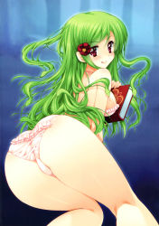 Rule 34 | 1girl, :q, absurdres, araiguma, ass, back, bare shoulders, bikini, blue background, book, breasts, fat mons, flower, frilled bikini, frills, genkai tokki monster monpiece, gradient background, green hair, hair flower, hair ornament, highres, holding, holding book, kneepits, leaning forward, legs, long hair, looking at viewer, looking back, medium breasts, medusa (genkai tokki monster monpiece), official art, parted bangs, pink bikini, red eyes, scan, sideboob, snake hair, solo, swept bangs, swimsuit, taut clothes, tongue, tongue out, very long hair