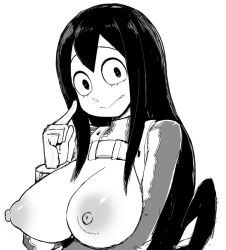 Rule 34 | 1girl, akatsuki katsuie, asui tsuyu, black hair, boku no hero academia, breasts, cleavage, expressionless, greyscale, hand up, index finger raised, large breasts, long hair, looking at viewer, monochrome, nipples, simple background, solo, white background