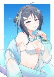 1girl absurdres ahoge arknights bikini black_hair breasts collarbone goggles goggles_around_neck hair_intakes hair_ornament hairclip highres innertube jacket jacket_over_swimsuit k@bu la_pluma_(arknights) la_pluma_(summer_flowers)_(arknights) long_sleeves looking_at_viewer medium_breasts navel off_shoulder official_alternate_costume open_clothes open_jacket short_hair smile solo swim_ring swimsuit upper_body white_bikini