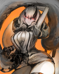 Rule 34 | 10s, 1girl, abyssal ship, arm up, breasts, center opening, cleavage, colored skin, gloves, glowing, glowing eyes, hair between eyes, heavy cruiser princess, horns, jariinu (gomasionori), kantai collection, large breasts, long hair, looking at viewer, red eyes, solo, tail, thick thighs, thighs, white hair, white skin