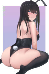 Rule 34 | 1girl, absurdres, animal ears, ass, black hair, black leotard, black thighhighs, blue eyes, blush, border, breasts, closed mouth, commentary, fake animal ears, fake tail, from behind, gradient background, hair between eyes, highres, idolmaster, idolmaster cinderella girls, large breasts, leotard, long hair, looking at viewer, looking back, outside border, playboy bunny, rabbit ears, rabbit tail, rufei bot, sagisawa fumika, simple background, sitting, smile, solo, strapless, strapless leotard, tail, thighhighs, twitter username, wariza, white border, zipper pull tab