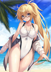 Rule 34 | 1girl, bad id, black-framed eyewear, blonde hair, blue eyes, blue sky, blurry, blurry background, breasts, cleavage, cloud, cloudy sky, commentary request, competition swimsuit, day, depth of field, fate/grand order, fate (series), glasses, gluteal fold, groin, hair between eyes, harimoji, head tilt, high ponytail, highres, horizon, jacket, jeanne d&#039;arc (fate), jeanne d&#039;arc (ruler) (fate), jeanne d&#039;arc (swimsuit archer) (fate), jeanne d&#039;arc (swimsuit archer) (second ascension) (fate), large breasts, long hair, ocean, off shoulder, one-piece swimsuit, outdoors, palm tree, side ponytail, sky, solo, swimsuit, thigh gap, tree, very long hair, water, whistle, whistle around neck, white jacket, white one-piece swimsuit