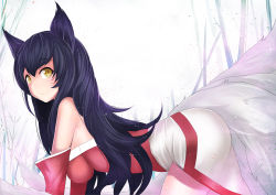 Rule 34 | 1girl, ahri (league of legends), all fours, animal ears, blue hair, facial mark, fox ears, fox tail, impossible clothes, korean clothes, league of legends, long hair, looking at viewer, multiple tails, outdoors, slit pupils, smile, solo, tail, whisker markings, xiaodi, yellow eyes