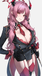 Rule 34 | 1girl, absurdres, black footwear, black gloves, black jacket, blue archive, blush, boots, breasts, demon horns, fang, gloves, hair intakes, halo, hand on own hip, highres, holding, holding whip, horns, jacket, knee boots, large breasts, light smile, looking at viewer, military jacket, mole, mole on breast, monegi, necktie, pink hair, red garter straps, red thighhighs, satsuki (blue archive), short necktie, solo, thighhighs, twintails, wrist cuffs