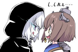 Rule 34 | 10s, 2girls, abyssal ship, brown hair, face-to-face, flaming eyes, hair ornament, headgear, hood, hoodie, kantai collection, licking lips, multiple girls, open mouth, profile, re-class battleship, scared, scarf, short hair, simple background, tongue, tongue out, tonmoh, translated, white background, white hair, you gonna get raped, yukikaze (kancolle), yuri